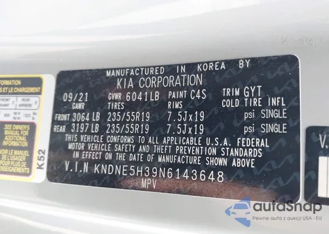 2022 Kia Carnival Mpv Sx из США, поврежденный, VIN KNDNE5H39N6143648